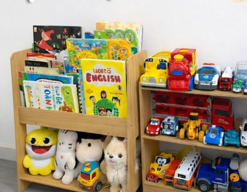 Kệ sách bày bìa và kệ đồ chơi xe ô tô trong góc chơi của lớp