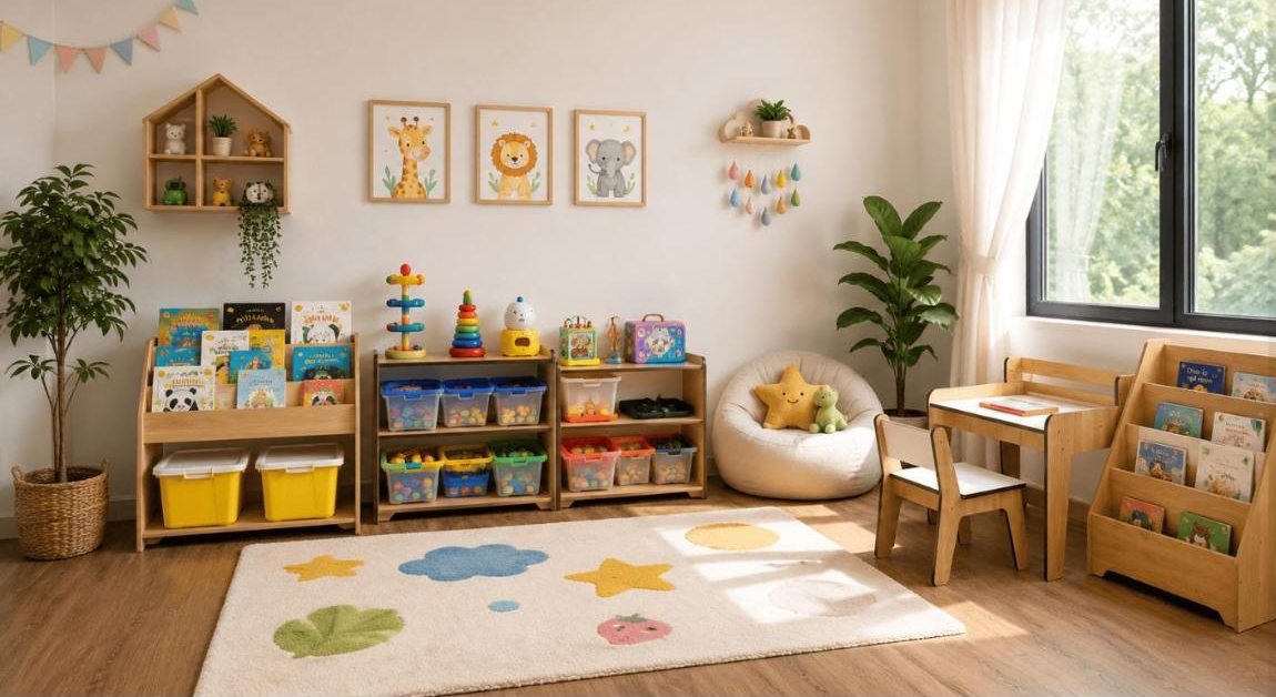 Góc chơi cho bé với kệ sách, kệ đồ chơi Montessori, bàn ghế và kệ sách 4 tầng bằng gỗ